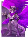 anthro feathers featureless_crotch grey_body grey_horn hair hand_on_hip horn kerchief male mostly_nude mouth_closed neckerchief pink_body pink_eyes pink_feathers pink_hair pink_wings purple_body purple_feathers purple_kerchief purple_neckerchief purple_tail purple_wings scales solo standing tail tail_tuft tuft white_body white_scales wings imperatorcaesar mythology dragon mythological_creature mythological_scalie scalie full-length_portrait hi_res portrait