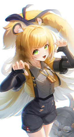 animal_ears belt black_clothing blonde_hair clothed clothing collared_shirt dress_shirt female fluffy green_eyes hair jacket looking_at_viewer open_clothing open_jacket open_mouth open_topwear orange_hair shirt solo striped_hair tail topwear white_hair ion_932 mihoyo zenless_zone_zero ju_fufu animal_humanoid felid felid_humanoid humanoid mammal mammal_humanoid pantherine pantherine_humanoid thiren tiger_humanoid absurd_res hi_res
