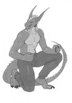 4_toes anthro barefoot bottomwear clothed clothing digit_ring feet jewelry kneeling male plantigrade ring science_fiction solo tail tight_clothing toe_ring toes topless topless_male silgiriya_mantsugosi mythology ernesto_(rebeldragon101) alien dragon mythological_creature mythological_scalie reptile scalie hi_res monochrome