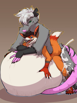 anal anal_penetration anthro belly blue_eyes bodily_fluids breath brown_hair cum cum_in_ass cum_inflated_belly cum_inflation cum_inside duo ejaculation excessive_cum excessive_genital_fluids fur genital_fluids green_eyes grey_body grey_fur hair inflation male male/male orange_body orange_fur orgasm orgasm_face panting penetration piercing raised_tail red_body red_fur romantic romantic_couple size_difference smile tail teeth thick_tail tongue tongue_out white_body white_fur white_hair zannathedragon ferox_(feroxdoon) xander_(barleychee) american_opossum canid canine fox mammal marsupial red_fox true_fox virginia_opossum absurd_res hi_res
