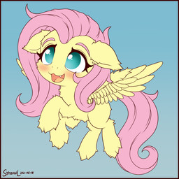 blush border chibi cute_fangs eyelashes fangs feathered_wings feathers female feral fur gradient_background hair open_mouth open_smile pink_hair pivoted_ears red_border simple_background smile solo teal_eyes teeth wings yellow_body yellow_fur symbianl friendship_is_magic hasbro my_little_pony mythology fluttershy_(mlp) equid equine mammal mythological_creature mythological_equine pegasus 1:1 2021 dated digital_media_(artwork) hi_res