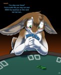 anthro blush catmonkshiro clean_diaper clothed clothing desperation diaper diaper_only english_text hi_res lagomorph laxative laxatives leporid male mammal omorashi poker poker_cards poker_chip poker_table rabbit solo text topless wearing_diaper worried