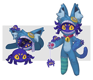 ambiguous_gender anthro blue_clothing clothed clothing feral larger_ambiguous looking_at_viewer pose simple_background size_difference smaller_ambiguous white_background yellow_eyes color_fox arachnid arthropod spider full-length_portrait hi_res portrait