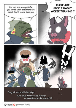 anthro axe bodily_fluids clothing crying dialogue female gun hat headgear headwear imminent_death jacket male melee_weapon overweight ranged_weapon shotgun size_difference smaller_female sword tears text topwear weapon young ttux3 the_hub khulico_(ttux3) minh_(ttux3) pina_(ttux3) ram_(ttux3) aquatic canid canine canis fish human humanoid lagomorph leporid mammal rabbit rodent sciurid tree_squirrel wolf absurd_res comic english_text hi_res url adopted_(lore) adopted_daughter_(lore) daughter_(lore) mother_(lore) mother_and_child_(lore) mother_and_daughter_(lore) parent_(lore) parent_and_child_(lore) parent_and_daughter_(lore)