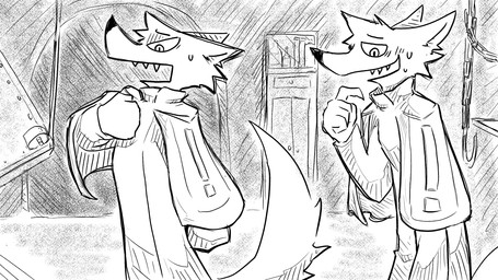 anthro bodily_fluids bottle cabinet cape chain clothing container furniture male military_uniform nervous nervous_smile restraints solo sweat table uniform dragonweirdo kimera_(dragonweirdo) canid canine canis mammal wolf comic hi_res