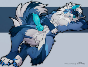 4_toes animal_genitalia animal_penis anthro arm_markings arm_tuft arms_bent ball_tuft balls barely_visible_pawpads belly_tuft bent_legs black_body black_eyebrows black_fur black_outline blue_body blue_claws blue_feet blue_finger_claws blue_fur blue_inner_ear blue_markings blue_nose blue_paws blue_penis blue_stripes blue_teeth blue_toe_claws bodily_fluids canine_genitalia canine_penis chest_tuft claws ear_markings elbow_tuft erection eye_markings eyebrows facial_markings feet finger_claws fingerless_(marking) fingerless_gloves_(marking) fluffy fluffy_tail foot_tuft fur fur_markings genital_fluids genitals geometric_background gloves_(marking) hand_behind_head hand_on_belly hand_on_own_belly head_markings head_tuft head_turned heel_tuft hip_markings knee_tuft knot leg_markings leg_tuft lying male male_anthro markings mouth_closed nude_anthro nude_male on_back one_fang outline paws penis pointy_ears precum precum_on_own_penis precum_on_penis prick_ears red_eyes ruff simple_background socks_(marking) solo striped_arms striped_face striped_hips striped_markings stripes tail teeth text toe_claws toeless_(marking) toeless_socks_(marking) toes tuft vein veiny_penis white_body white_fingers white_fur white_toes year zempy3 deldy canid mammal 2025 artist_name dated digital_media_(artwork) hi_res shaded url