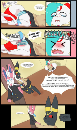 abuse anthro bdsm bodily_fluids bondage bottomwear bound bulge bullying butt_slap clothed clothing crossdressing embarrassed exposed_ass female forced group jacket kneeling male on_ground panties pants paws raised_bottomwear raised_clothing raised_skirt school_uniform skirt slap spanking tears topwear trio underwear uniform upskirt matachu nintendo pokemon havoc_(matachu) sid_(matachu) stacy_(matachu) eeveelution generation_2_pokemon generation_6_pokemon pokemon_(species) sylveon umbreon absurd_res comic hi_res
