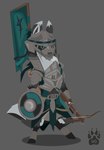 ambiguous_gender anthro armor banner biped buckler clothed clothing crossbow fully_clothed grey_background headgear helmet ranged_weapon shield simple_background solo standing weapon wolfdawg canid canine mammal hi_res