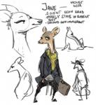 anthro briefcase clothing ear_piercing female hat headgear headwear piercing smile solo text nobby_(artist) chevrotain deer mammal english_text multiple_images