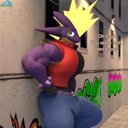 anthro backstripe belt big_muscles big_pecs black_clothing black_gloves black_handwear black_shirt black_tank_top black_topwear blonde_hair bottomwear bulge clothing denim denim_bottomwear denim_clothing first_person_view gloves graffiti graffiti_on_wall hair hand_on_hip handwear jacket jeans looking_at_viewer male mohawk muscular muscular_male night one_leg_on_ground pants pecs purple_body purple_skin red_clothing red_jacket red_topwear shirt smile smiling_at_viewer solo street_lamp tank_top text topwear window yellow_body yellow_skin yellow_text albalbalb nintendo pokemon amped_toxtricity generation_8_pokemon pokemon_(species) toxtricity 1:1 2025 3d_(artwork) digital_media_(artwork) english_text hi_res watermark