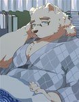 anthro bed blue_eyes cigarette cigarette_in_mouth clothing fur furniture male musclegut muscular object_in_mouth pecs robe smoking solo white_body white_fur bone_color919 lifewonders tokyo_afterschool_summoners leib_(tas) bear mammal polar_bear ursine hi_res