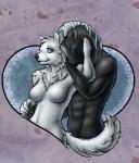 abs anthro blue_eyes breasts brown_eyes chest_tuft duo featureless_breasts female fur hand_on_hip hand_on_neck heart_symbol looking_back male navel nude romantic romantic_couple simple_background smile tuft white_body white_fur kierstal canid canine canis equid equine horse mammal wolf 2017 half-length_portrait hi_res portrait