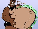 anthro belly big_belly bottomwear bow_tie clothing fur hand_on_belly hat headgear headwear huge_belly male rumbling_stomach shorts solo text itzamug five_nights_at_freddy's scottgames freddy_(fnaf) bear mammal 2023 english_text hi_res