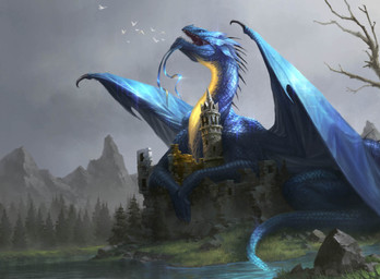 ambiguous_gender blue_body blue_scales castle detailed_background feral forest grass macro membrane_(anatomy) membranous_wings mountain open_mouth plant scales solo tail tree water wings lie_setiawan hasbro magic:_the_gathering mythology wizards_of_the_coast ambient_bird dragon mythological_creature mythological_scalie scalie hi_res official_art