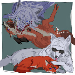 alternate_species alternate_universe apology bite biting_another biting_partner black_ears black_highlights black_nose black_paw black_pawpads blood blood_in_mouth blood_on_face blue_eyes bodily_fluids claws dialogue duo eyes_closed eyewear eyewear_only feral fur furrification glasses glasses_only grey_inner_ear_fluff hair highlights_(coloring) inner_ear_fluff looking_down looking_down_at_partner lying male male/male nude on_back open_mouth pawpads petting red_body red_fur red_hair scared simple_background straining sunglasses sweat sweatdrop teeth text throat_biting tongue tongue_out tuft two_panel_image violence wearing_glasses white_body white_claws white_text wide_mouth ranemu the_hundred_line:_last_defense_academy eito_aotsuki takumi_sumino canid canine canis fox mammal red_fox true_fox wolf 1:1 absurd_res digital_drawing_(artwork) digital_media_(artwork) english_text full-length_portrait guide_lines hi_res portrait shaded
