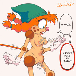 anthro bodily_fluids breasts clothing dialogue female genital_fluids genitals gloves hair handwear hat headgear headwear lactating machine nude nude_female orange_hair puppet red_nose solo speech_bubble tail tail_pull vaginal_fluids vulva elasinart idw_publishing sega sonic_the_hedgehog_(comics) sonic_the_hedgehog_(idw) sonic_the_hedgehog_(series) belle_the_tinkerer robot hi_res