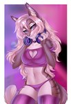 anthro biped blonde_hair blurred_background breasts brown_body brown_fur cleavage cleavage_cutout clothed clothing collar countershade_face countershade_fur countershade_torso countershading cutout ear_piercing ear_ring electronics eyebrow_piercing eyelashes facial_piercing female footwear fur hair headphones headphones_around_neck inner_ear_fluff legwear long_hair looking_at_viewer markings navel panties piercing pink_clothing pink_footwear pink_legwear pink_panties pink_socks pink_thigh_highs pink_thigh_socks pink_topwear pink_underwear purple_eyes ring_piercing socks solo standing striped_markings stripes tan_body tan_fur thigh_highs thigh_socks topwear tuft underwear mayrin_(artist) rachel_(mayrin) felid feline lynx mammal 2022 absurd_res digital_media_(artwork) hi_res portrait shaded three-quarter_portrait