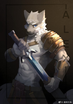 anthro black_nose blue_eyes clothed clothing front_view fur glistening glistening_eyes grey_body grey_fur holding_melee_weapon holding_object holding_sword holding_weapon looking_at_viewer male melee_weapon mouth_closed muscular muscular_anthro muscular_male simple_background solo standing sword topless unsigned weapon white_body white_fur awaldkize canid canine canis mammal wolf half-length_portrait hi_res portrait