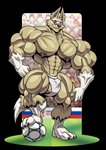 3_toes 4_fingers abs anthro ball ball_slip balls barely_visible_genitalia big_muscles brown_body bulge chest_tuft clothing erect_nipples feet fingers genitals grin huge_muscles hyper hyper_muscles male mascot mostly_nude muscular muscular_anthro muscular_male nipples side_balls smile soccer soccer_ball solo sport toes tuft wolfiecanem fifa zabivaka canid canine canis mammal wolf alpha_channel digital_media_(artwork) hi_res shaded