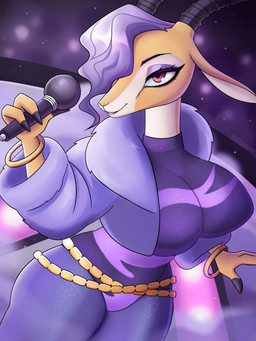 3_fingers anthro big_breasts bracelet breasts clothed clothing cropped_jacket electronics eyeliner eyeshadow female fingers hair holding_microphone holding_object horn jacket jewelry leggings legwear leotard makeup microphone purple_clothing purple_eyeshadow purple_hair purple_jacket purple_leggings purple_legwear purple_leotard purple_topwear red_eyes solo sparkling_legwear sparkling_leotard tan_body topwear yussidian disney zootopia gazelle_(zootopia) antelope bovid gazelle mammal 2026 3:4 absurd_res hi_res portrait three-quarter_portrait
