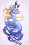 anthro apode bedroom_eyes big_breasts black_sclera blonde_hair blue_body blue_markings blue_scales blue_spots breasts curled_horn dakimakura draconcopode dullvivid fangs female fur hair half-closed_eyes hi_res horn huge_breasts inviting legless long_hair looking_at_viewer looking_back looking_back_at_viewer lying markings naga narrowed_eyes on_front open_mouth open_smile pawpads reptile scales scalie seductive serpentine smile snake solo spots spotted_body spotted_fur spotted_markings tan_body tan_scales teeth thick_thighs wide_hips