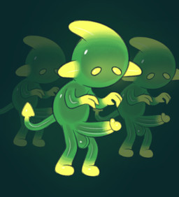 balls genitals green_body green_penis group male mouthless multicolored_body multicolored_penis penis simple_background square_crossover trio two_tone_body two_tone_penis yellow_eyes gemsum spit_(gemsum) goo_creature humanoid imp hi_res