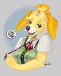 2023 accessory animal_crossing anthro artist_name black_nose blonde_hair breasts brown_eyes bust_portrait canid canine canis clothed clothing digital_media_(artwork) domestic_dog eyelashes fangs female floppy_ears fur hair hair_accessory hair_tie hi_res isabelle_(animal_crossing) looking_at_viewer mammal nakoji nintendo open_mouth phone_call portrait shih_tzu solo teeth toy_dog yellow_body yellow_fur