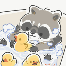 bathing bathtub black_eyes black_nose chibi dot_eyes feral grey_body rubber_duck simple_eyes solo water yencatx mammal procyonid raccoon 1:1 2022