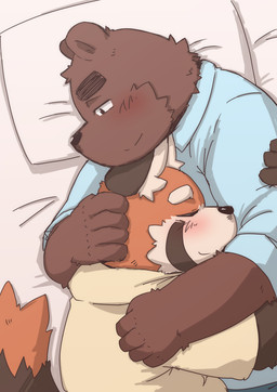 anthro barazoku bed blush clothing duo eyes_closed furniture hug humanoid_hands male overweight overweight_male shirt topwear kotadash ailurid bear mammal red_panda 2015
