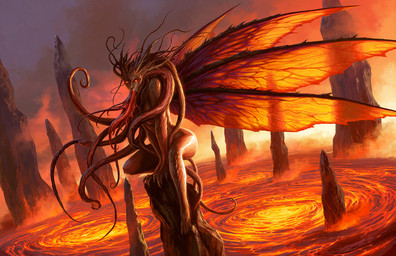 4_wings breasts claws crouching detailed_background female humanoid_face insect_wings lava looking_at_viewer multi_wing not_furry nude outside pseudo_hair rock sitting smoke solo tentacle_hair tentacle_mouth tentacles wings yellow_eyes dan_scott humanoid