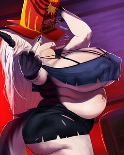 anthro belly belly_overhang big_breasts big_butt black_clothing blue_clothing bottomwear breasts butt cleavage cleavage_cutout cleavage_overflow clothed clothing crop_top cutout double_chin ear_tuft eating eating_food erect_nipples fat_rolls female flabby_arms gesture hair hand_gesture hotpants huge_breasts huge_butt legwear long_hair long_nails love_handles middle_finger multicolored_body navel neck_bulge nipple_outline nipples overflowing_breasts overweight overweight_anthro overweight_female shirt shirt_too_small shorts solo sound_effects stuffing tail takeout_box thick_tail thigh_highs tight_bottomwear tight_clothing tight_fit topwear torn_bottomwear torn_clothing tuft under_boob weight_gain muldithekobold hellaverse helluva_boss loona_(helluva_boss) canid canine canis mammal wolf absurd_res hi_res