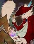 angular anthro blue_eyes bottomwear brown_bottomwear brown_clothing brown_pants clothing colored_fire colorful_background elemental_manipulation fire fire_manipulation fur hat hat_feather headgear headwear jacket joker_(playing_card) loose_feather magic magic_user male multicolored_fire pants rainbow_fire red_clothing red_jacket red_topwear simple_eyes snapping_fingers solo toony topwear tricorne white_body white_fur deedoss fluff_(deedoss) domestic_cat felid feline felis mammal persian_cat absurd_res collage_(artwork) halftone hi_res shaded simple_shading