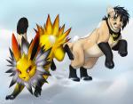 ambiguous_gender blue_eyes clothing duo feral fur kerchief paws red_eyes snow tongue yellow_body yellow_fur tartii nintendo pokemon fan_character flux_the_jolteon tartii_(character) canid canine eeveelution felid generation_1_pokemon jolteon mammal pokemon_(species) 2015 hi_res