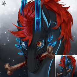 ambiguous_gender black_body blood blood_on_face blue_eyes blue_markings bodily_fluids bone bone_in_mouth cheek_spikes facial_spikes feral front_view glistening glistening_eyes gore hair long_neck markings mouth_closed neck_markings orange_eyes red_hair simple_background solo spikes spikes_(anatomy) text riorix mythology glenopski dragon mythological_creature mythological_scalie scalie 1:1 2018 artist_name dated headshot_portrait hi_res portrait