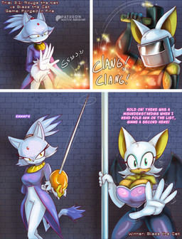anthro anthrofied bodily_fluids duo face_shield female fencer foil forged_in_fire forging forging_weapons game_show mask melee_weapon pole rapier sweat sword text weapon weapon_forging welding_mask doctor_awesome sega sonic_the_hedgehog_(series) blaze_the_cat rouge_the_bat bat felid feline mammal absurd_res comic english_text hi_res