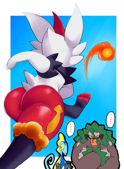 ambiguous_gender anthro blood bodily_fluids butt ellipsis fur glistening glistening_butt group kick nosebleed pokemon_move pyro_ball rear_view red_body red_butt red_fur simple_background thick_thighs white_body white_fur oasisu17 nintendo pokemon cinderace generation_8_pokemon inteleon lagomorph mammal pokemon_(species) primate reptile rillaboom scalie 2020 digital_media_(artwork)