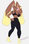 anthro arm_flex big_breasts breasts brown_body brown_fur butt clothing female flexing fur looking_at_viewer rear_view red_eyes simple_background solo tail kneadsuru nintendo pokemon generation_4_pokemon lagomorph lopunny mammal pokemon_(species) absurd_res hi_res