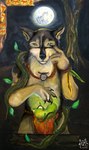 anthro black_body black_claws black_fur black_nose bottomwear claws clothing front_view fur grey_eyes jewelry loincloth male moon necklace orange_bottomwear orange_clothing orange_loincloth plant solo tan_body tan_fur tree kola_(artist) canid canine mammal traditional_media_(artwork)