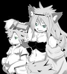 anthro black_background clothing duo female green_eyes looking_at_viewer male navel simple_background smile text young young_anthro kurokiriririri canid canine fox mammal 2011 english_text