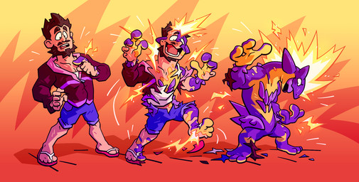 beard brown_beard brown_facial_hair brown_hair clothing facial_hair footwear gradient_background hair male open_mouth purple_body sandals shoes simple_background solo species_transformation three_frame_sequence torn_clothing transformation transformation_sequence yellow_body bersickr nintendo pokemon amped_toxtricity generation_8_pokemon human mammal pokemon_(species) toxtricity 2023 hi_res sequence