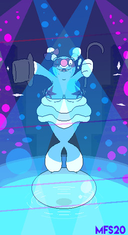 blue_body bodily_fluids bow_(feature) breasts bubble cane circus cleavage clothed clothing exclamation_point female feral hat headgear headwear lights nervous nervous_smile nervous_sweat night nipples performance shocked solo star sweat swimming_pool water matchesyashi nintendo pokemon brionne generation_7_pokemon pokemon_(species) 2020