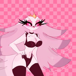 anthro black_clothing black_legwear breasts checkered checkered_background clothed clothing crown eyelashes female fur hair hand_on_hip headgear legwear long_eyelashes long_hair looking_at_viewer pattern_background pink_background pink_eyes simple_background smile smirk solo standing thigh_highs underwear white_body white_fur white_hair coffeelilauwu lila88337550 hellaverse helluva_boss stella_(helluva_boss) avian bird owl owl_demon 1:1