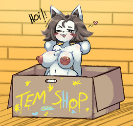 anthro areola barbell_piercing bedroom_eyes big_breasts blue_heart blue_text blush blush_stickers box breasts brick_wall brown_hair chest_tuft container crossed_out_text eyelashes female fluffy fur greeting greeting_viewer hair heart_symbol inside_box long_eyelashes multicolored_text narrowed_eyes navel nipple_dip nipple_piercing nipples one_eye_closed open_mouth piercing pointy_ears presenting presenting_breasts seductive simple_background solo text tuft wall_(structure) white_body white_fur wink yellow_text gdseraphim undertale undertale_(series) temmie_(undertale) mammal absurd_res english_text hi_res watermark