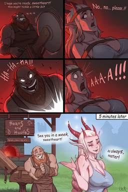 apron beard big_breasts blonde_hair breasts clothing collarbone dialogue duo eyebrows eyelashes eyes_closed facial_hair female grin hair horn humanoid_pointy_ears male muscular muscular_male not_furry open_mouth pointy_ears scared screaming smile sparkles text ullr_(artist) dwarf horned_humanoid humanoid 2025 2:3 comic english_text hi_res