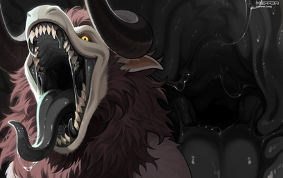 anthro black_mouth bodily_fluids brown_body brown_fur drooling fangs feral fur horn male mane mouth_shot open_mouth saliva sight snout solo spikes teeth throat tongue tongue_out vore white_body yellow_eyes hoffersanchez felid lion mammal pantherine hi_res