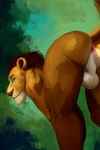 anthro anus balls butt fur genitals green_eyes male nude presenting presenting_hindquarters rear_view simple_background smile solo sylo felid lion mammal pantherine 2022 2:3 digital_media_(artwork) hi_res