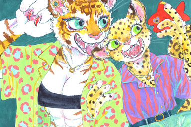 abs anthro belt breasts claws cleavage clothed clothing duo ear_piercing ear_ring fangs female fur green_eyes jewelry necklace open_mouth pattern_clothing pattern_shirt pattern_topwear piercing ring_piercing shirt smile spots stripes teeth tongue topwear kyokyota felid feline leopard mammal pantherine tiger 2021 absurd_res hi_res traditional_media_(artwork)