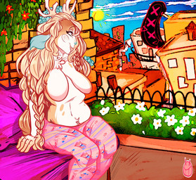 5_fingers anthro antlers bed belly big_breasts biped blonde_hair blue_nose blush bottomwear braided_hair breasts brown_body brown_eyes brown_fur brown_spots city clothed clothing cloud countershade_face countershade_torso countershading crotch_tuft ears_back eyelashes featureless_breasts female fingers flower fur furniture hair half-closed_eyes horn humanoid_hands lips long_hair markings mottled mottled_body mottled_fur multicolored_body multicolored_fur narrowed_eyes on_bed orange_body orange_fur orange_spots outside overweight overweight_anthro overweight_female pants piebald piebald_body piebald_fur pigtails pink_bottomwear pink_clothing pivoted_ears plant rooftop sagging_breasts shrub side_view sitting sky smile solo spots spotted_body spotted_fur sun thick_bottom_lip thick_lips topless tuft twin_braids white_body white_countershading white_fur white_horn white_spots ryarik petravey_(fursona) sir.smiley deer hybrid jackalope lagomorph mammal 2017 digital_drawing_(artwork) digital_media_(artwork) watermark