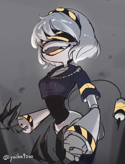 accessory black_clothing black_shirt black_topwear claws clothed clothing female hair hair_accessory hairband hazard_stripes knee_up machine screen_eyes sharp_teeth shirt solo syringe_tail tail teeth topwear visor_eyes white_hair x_eyes xd yellow_eyes yuika9200 glitch_productions murder_drones v_(murder_drones) disassembly_drone humanoid robot robot_humanoid tailed_humanoid hi_res