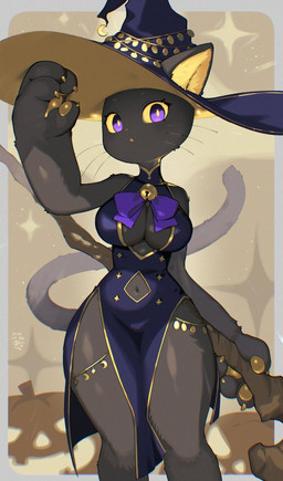 anthro big_breasts biped black_body breasts clothed clothing dress female front_view fur hat headgear headwear holding_object holding_staff jack-o'-lantern kemono looking_at_viewer navel pupils purple_eyes solo staff thick_thighs whiskers wide_hips kishibe domestic_cat felid feline felis mammal hi_res